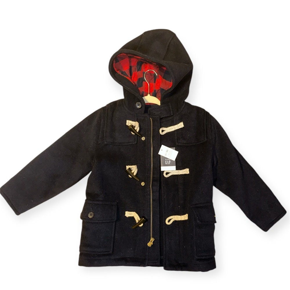 NEW GAP Wool Toggle Coat with Buffalo Plaid Lined Hood